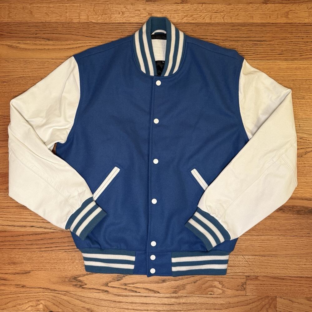 NEW Varsity Base Premium Letterman Jacket M Bomber Wool Genuine Leather Blue